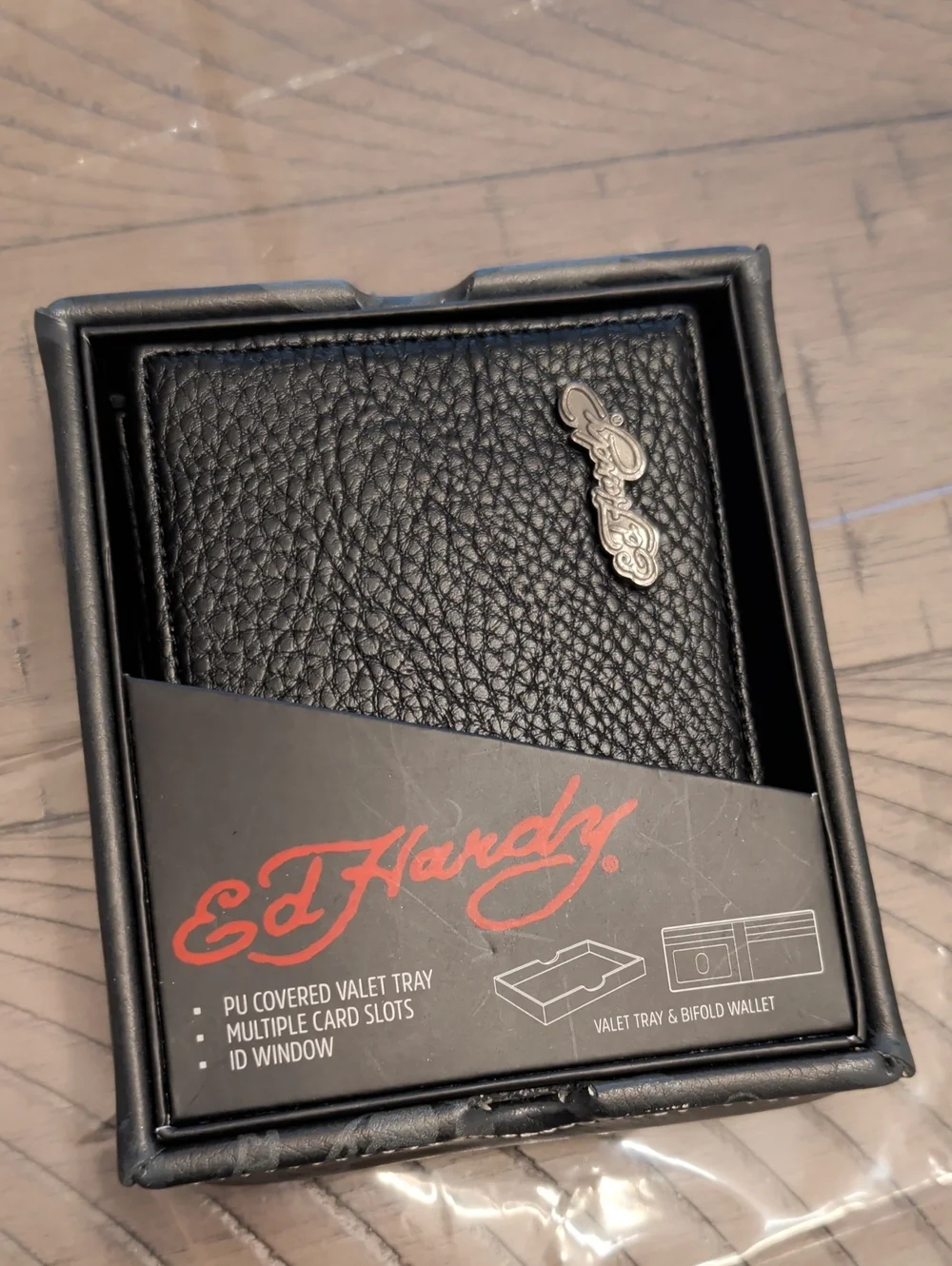 Ed Hardy Black Men’s Bifold Wallet with Silver Logo Accent